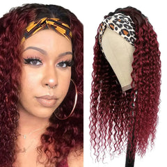 YiweYowe 24 Inch Wine Red Curly Wave Headband Wigs Human Hair 1B99J Ombre Burgundy Headband Wigs Two Tone Human Hair Wigs 150% Density Grade 8A Unprocessed Virgin Hair Red Color Wigs