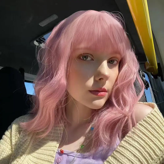 Ulzzviy Purple Pink Wigs for Women 14 Inch Curly Wavy Shoulder Length Bob Wigs Realistic Colored Wigs for Women Girls Daily Use