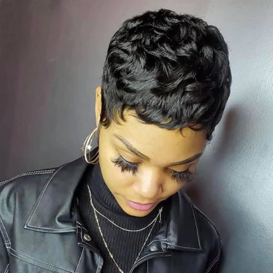 HOTJAR Pixie Cut Wigs For Black Women Short Human Hair Wigs With Bangs Short Layered Pixie Wigs Full Machine Made Wig Natural Black Color (Pixie cut wigs 155# 6 Inch)