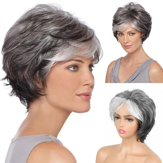 Liyouda Short Gray Pixie Cut Wigs Salt and Pepper Wigs for Black Women Natural looking Grandma Wig Old Lady Wigs for Older Women Grey Short Synthetic Hair Replacement Wigs