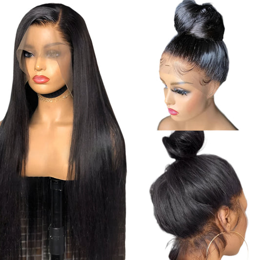 Real Human Hair Lace Wig Set Straight Hair Black Medium Length